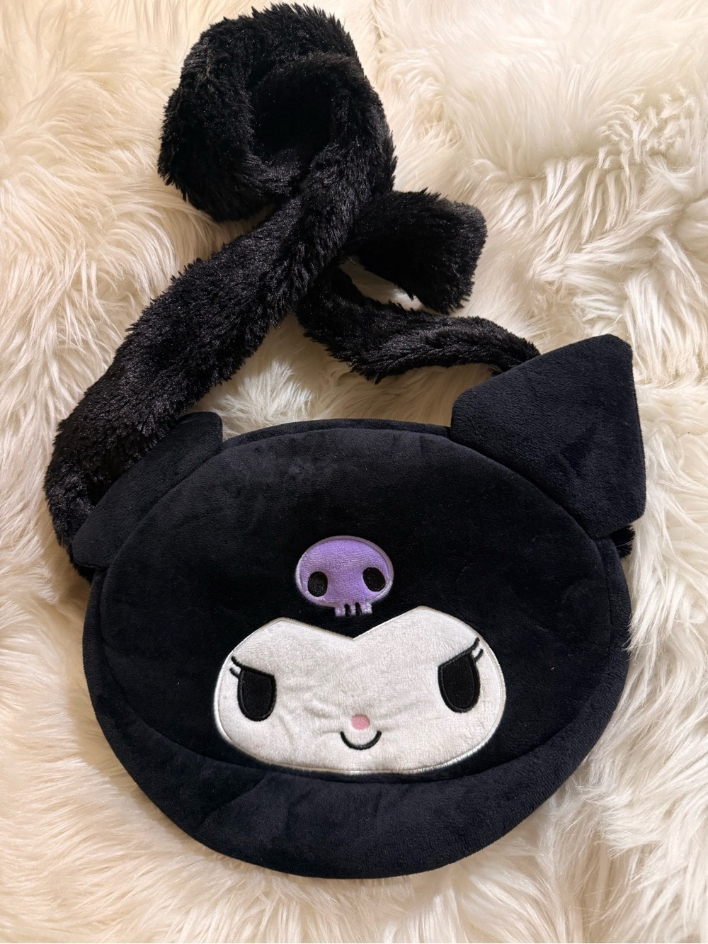 Black Plush Crossbody Bag with Cute Character Face
